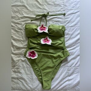 Olive Green One-Piece Swimsuit with Halter Tie